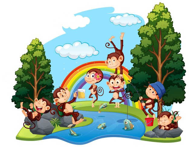 Monos divertidos jugando en el bosque