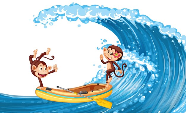 Monos felices bailando en un bote inflable en las olas del océano