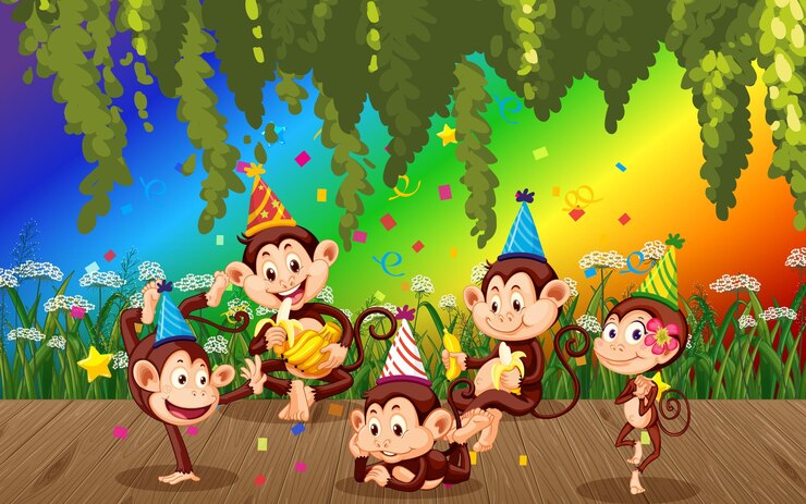 Vector gratuito monos felices en el bosque sobre fondo de arco iris degradado