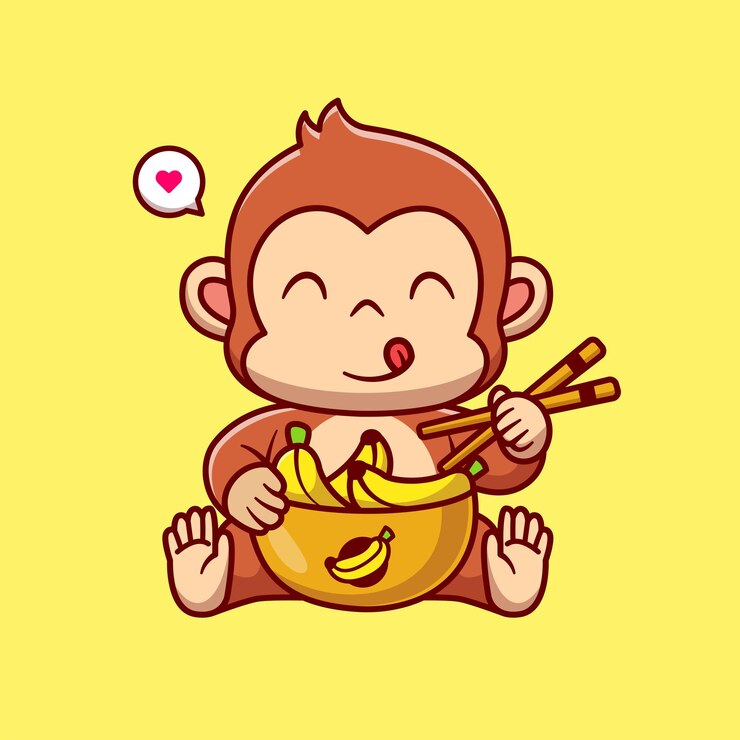 Vector gratuito monos lindos comiendo plátano con palillos de comedor icono vectorial de dibujos animados ilustración de alimentos para animales aislados
