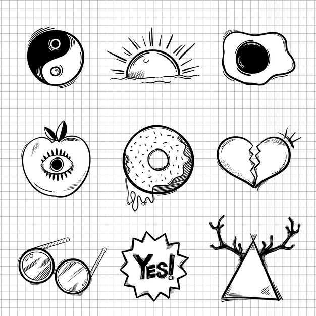 Monótono icono funky vector doodle conjunto de pegatinas de dibujos animados