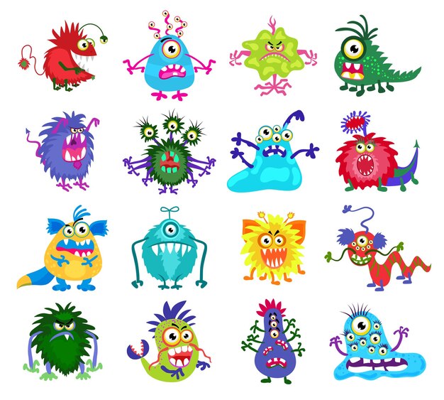 Monstruo aterrador. Conjunto de monstruos de colores con dientes y ojos, ilustración de monstruos divertidos