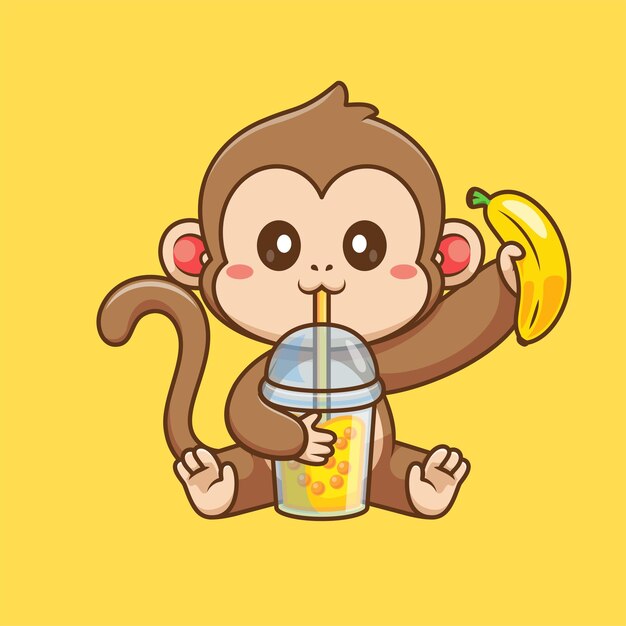 Monstruo lindo bebiendo té de leche de Boba con plátano Ilustración del icono vectorial de dibujos animados Beber plano
