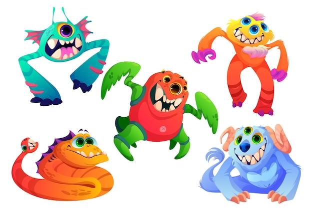 Vector gratuito monstruos lindos pequeños animales alienígenas con dientes cuernos muchos ojos y pieles vector conjunto de dibujos animados de divertidos cr ...