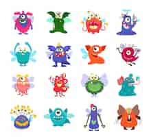 Vector gratuito monstruos voladores de dibujos animados para fiesta infantil. monstruos voladores con ala, personaje de monstruo de ilustración
