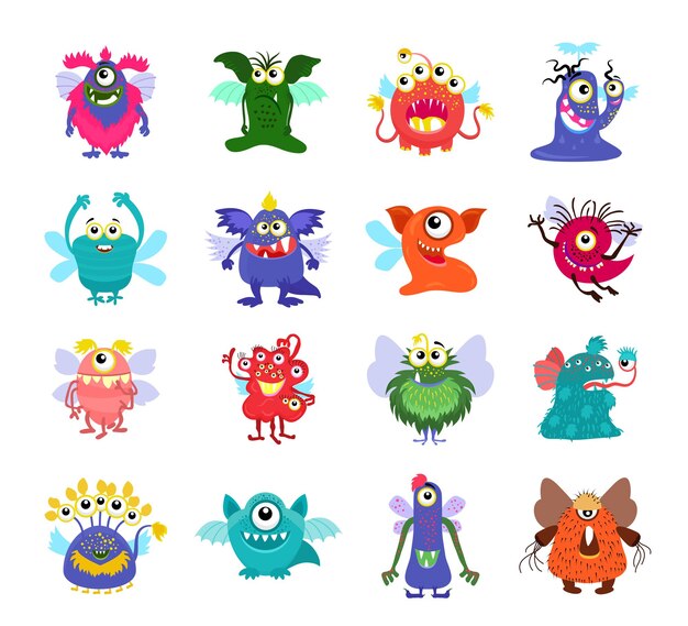 Monstruos voladores de dibujos animados para fiesta infantil. Monstruos voladores con ala, personaje de monstruo de ilustración