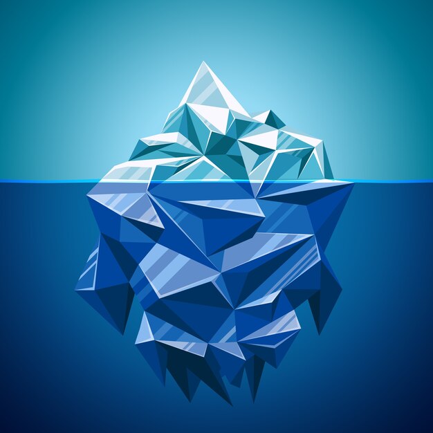 Montaña de iceberg de vector de nieve en estilo poligonal. Agua y mar, paisaje submarino y antártico