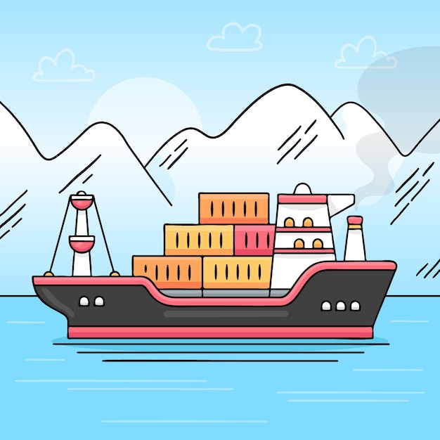 Montañas y barco portacontenedores dibujados a mano