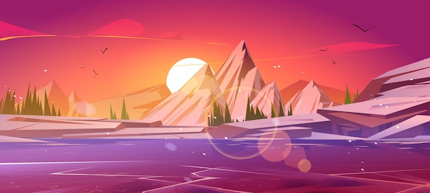 montañas congeladas del lago y nieve en la puesta del sol