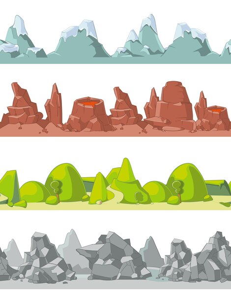 Montañas sin costuras en estilo de dibujos animados para juego, suelo y roca, ilustración vectorial