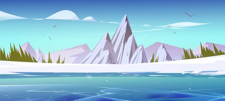 Vector gratis montañas de invierno y paisaje de estanque congelado paisaje fondo de naturaleza con rocas bajo copos de nieve que caen resort parque salvaje o jardín con picos de hielo blanco bajo cielo azul ilustración de vector de dibujos animados