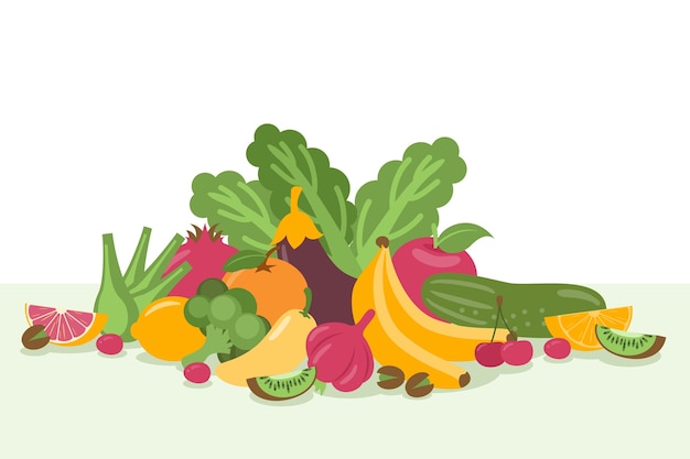 Vector gratuito montón de fondo de frutas y verduras