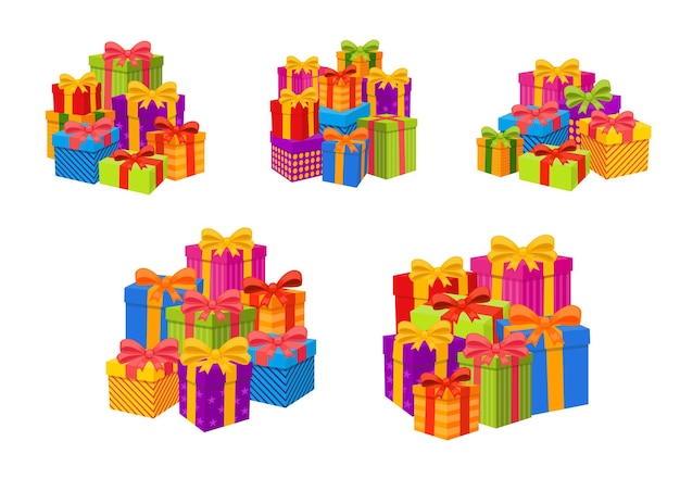 Montones de lindas cajas de regalo conjunto de ilustraciones vectoriales. un montón de regalos envueltos con cintas para fiesta sorpresa aislado sobre fondo blanco. celebración, navidad, cumpleaños, compras, concepto de vacaciones.