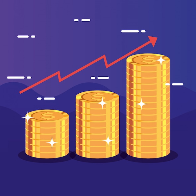 Montones de monedas con flecha arriba infografía