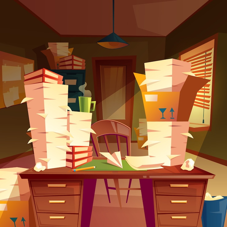 Vector gratuito montones de papel en la oficina vacía, papeleo, carpetas, documentos en cajas