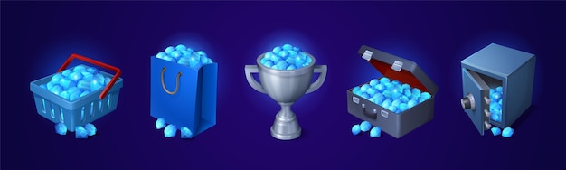 Vector gratuito montones de piedras preciosas azules en una maleta de copa de hierro