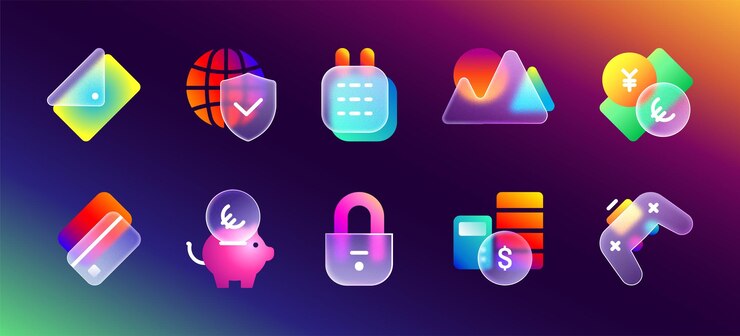 Vector gratuito morfismo realista de vidrio mate iconos ui transparentes con gradiente de neón púrpura para interfaz móvil