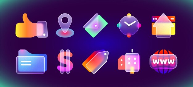 Morfismo de vidrio 3D realista íconos de UI transparentes para aplicaciones móviles o sitios web