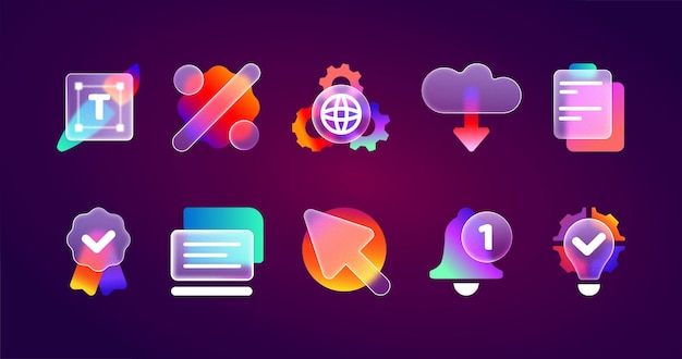 Morfismo de vidrio realista íconos de UI transparentes para aplicaciones móviles con gradiente de color borroso