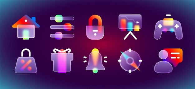 Morfismo de vidrio realista íconos ui transparentes con gradiente de neón púrpura para interfaz móvil