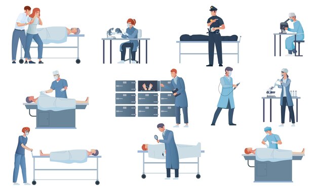 Morgue conjunto plano de personas muertas oficial de policía patólogo forense y expertos médicos trabajando con cadáveres y en laboratorio ilustración vectorial aislada