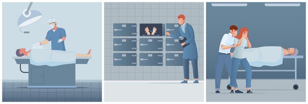 Morgue tres ilustraciones planas de celdas llenas de cadáveres y experto médico realizando autopsia ilustración vectorial aislada