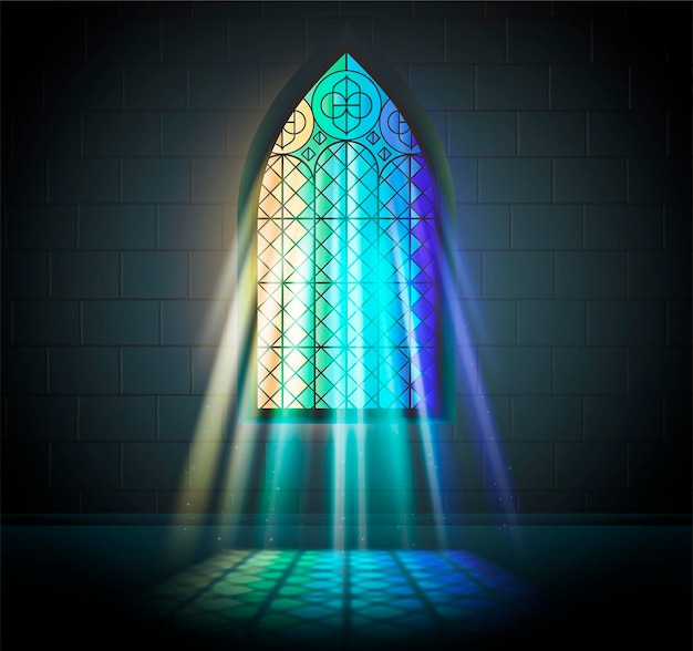Vector gratuito mosaico de vidrieras iglesia templo catedral ventanas composición de luz con vista interior de rayos de ventana coloridos ilustración vectorial
