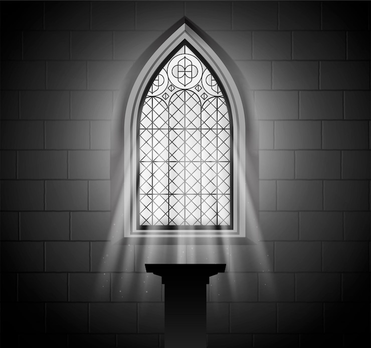 Vector gratuito mosaico de vidrieras iglesia templo catedral ventanas luz composición con vista monocromática de rayos de luz ornamentados ilustración vectorial