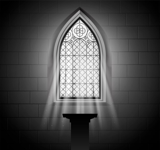 Mosaico de vidrieras iglesia templo catedral ventanas luz composición con vista monocromática de rayos de luz ornamentados ilustración vectorial