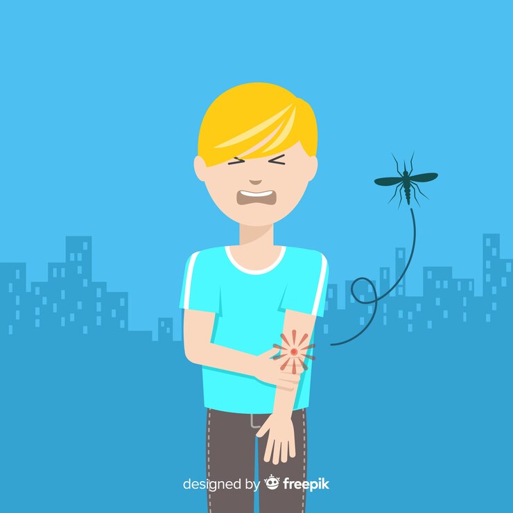 Vector gratuito mosquito picando a una persona con diseño plano