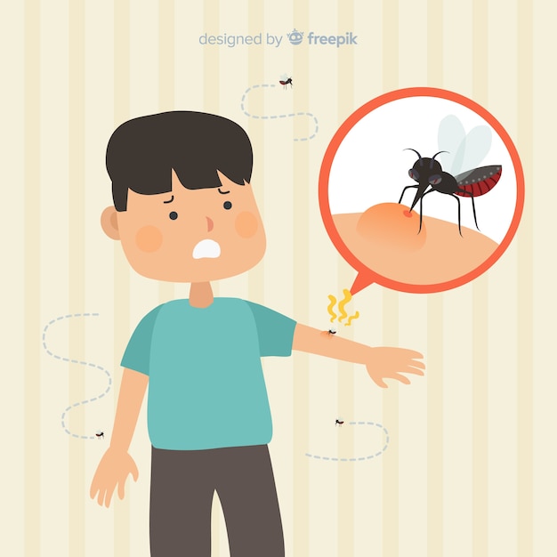 Vector gratuito mosquito picando a una persona con diseño plano