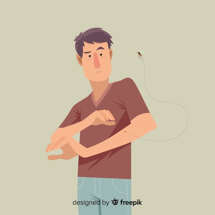 Vector gratuito mosquito picando a una persona con diseño plano