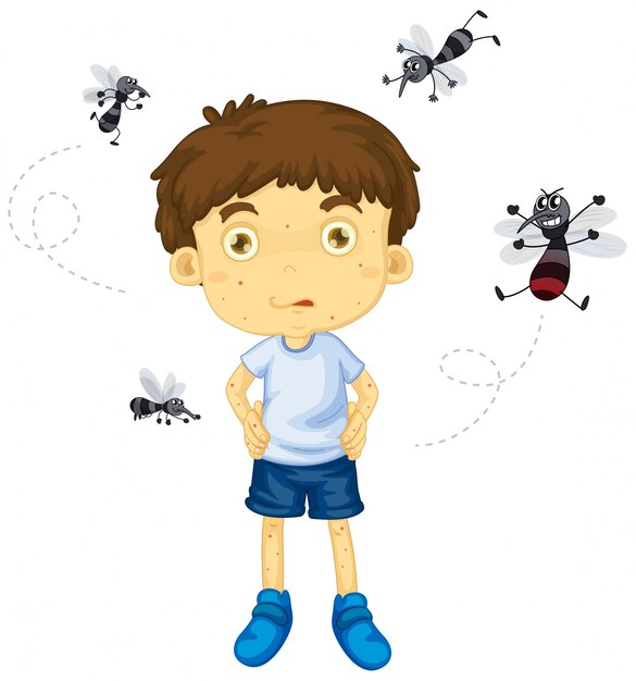 Mosquitos picando personaje de niño pequeño