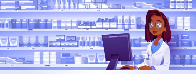Mostrador de tienda de farmacéutico negro en vector de farmacia