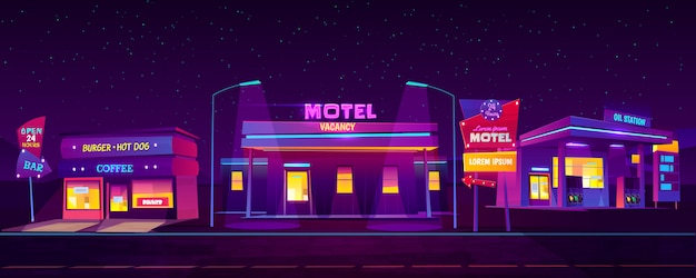 Motel en la carretera con estacionamiento para automóviles, café en la estación de aceite y café de hamburguesas que brilla en la noche