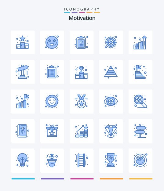 Motivación creativa 25 paquete de iconos azules como gráfico objetivo corazón ojos toros ojo pasta