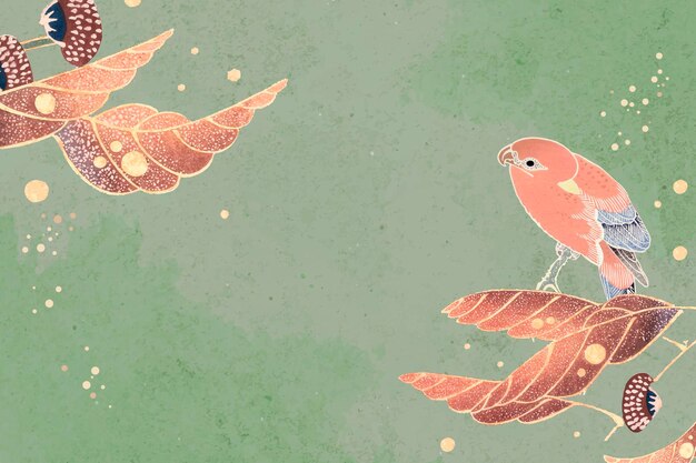 motivos de loros y hojas sobre un fondo esmeralda