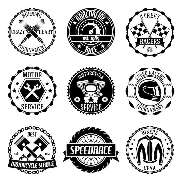 Motocicleta, torneo, motor, servicio, emblemas, negro, conjunto, aislado, vector, ilustración