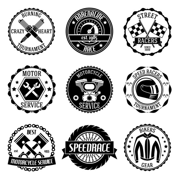 Motocicleta, torneo, motor, servicio, emblemas, negro, Conjunto, aislado, vector, Ilustración