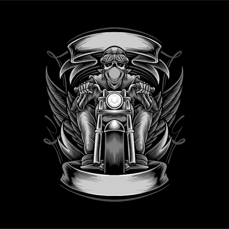 Vector gratuito motociclista calavera montando motocicleta logojpg