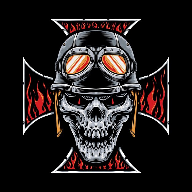 motociclista de calavera y vector de cruz ardiente