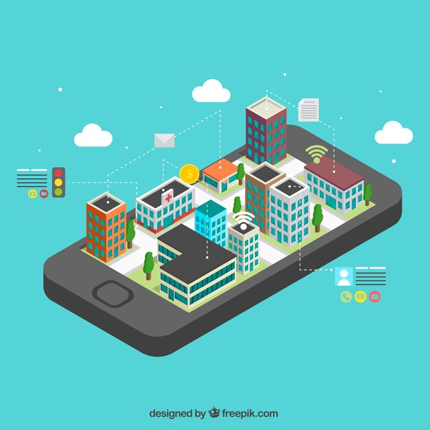 Móvil con ciudad moderna isométrica