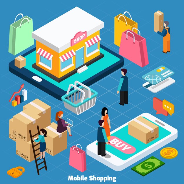 Móvil de compras isométrica illustrationv
