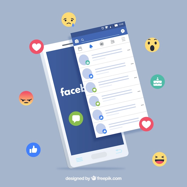 Móvil de diseño plano con notificaciones de facebook y emoticonos