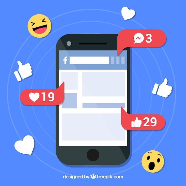 Vector gratuito móvil de diseño plano con notificaciones de facebook y emoticonos