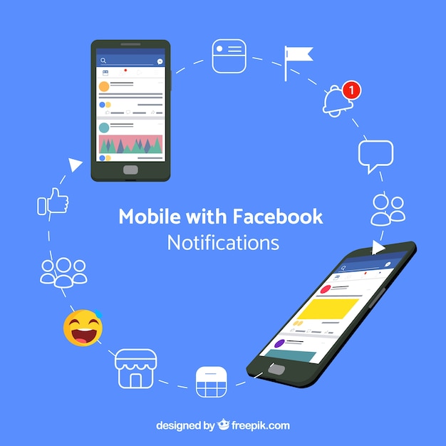 Móvil de diseño plano con notificaciones de facebook