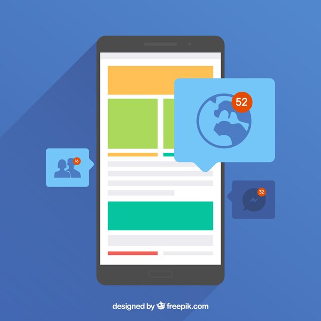 Móvil de diseño plano con notificaciones de facebook