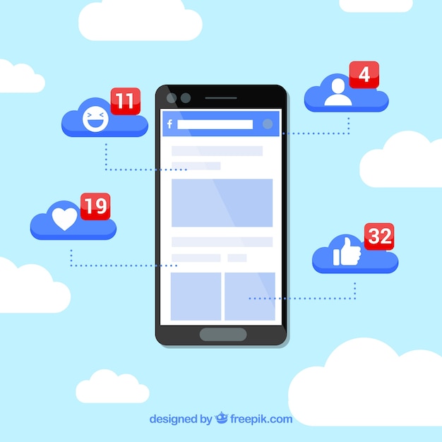 Vector gratuito móvil de diseño plano con notificaciones de facebook