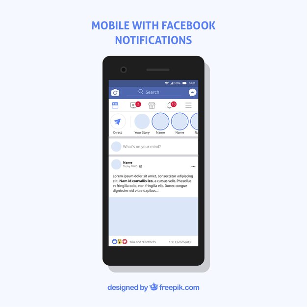 Móvil de diseño plano con notificaciones de facebook