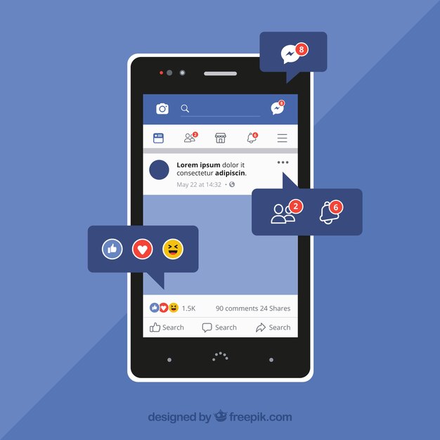 Móvil de diseño plano con notificaciones de facebook